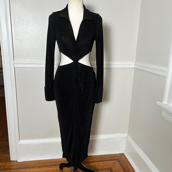 Runaway Stretchy Black Maxi Dress Cutouts Long Sleeves Collared Preppy - Picture 1 of 17